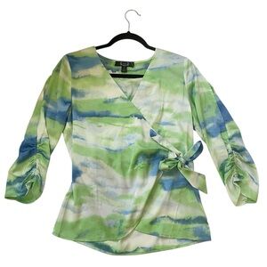 A.Z.I blue and green long sleeve wrap top blouse size small
